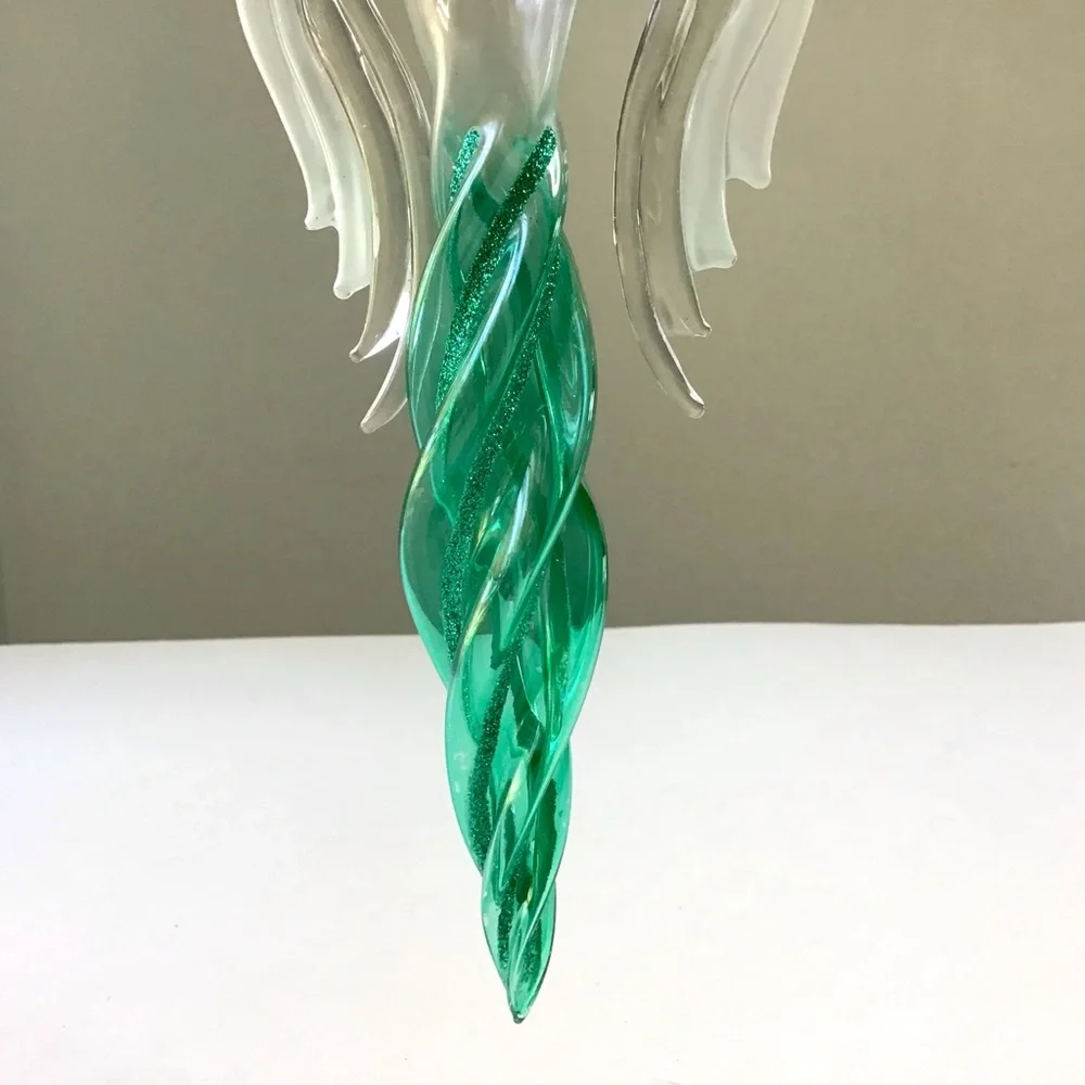 Angel Icicle Christmas Ornament Green Glitter Twisted Swirl Acrylic Wings Horn